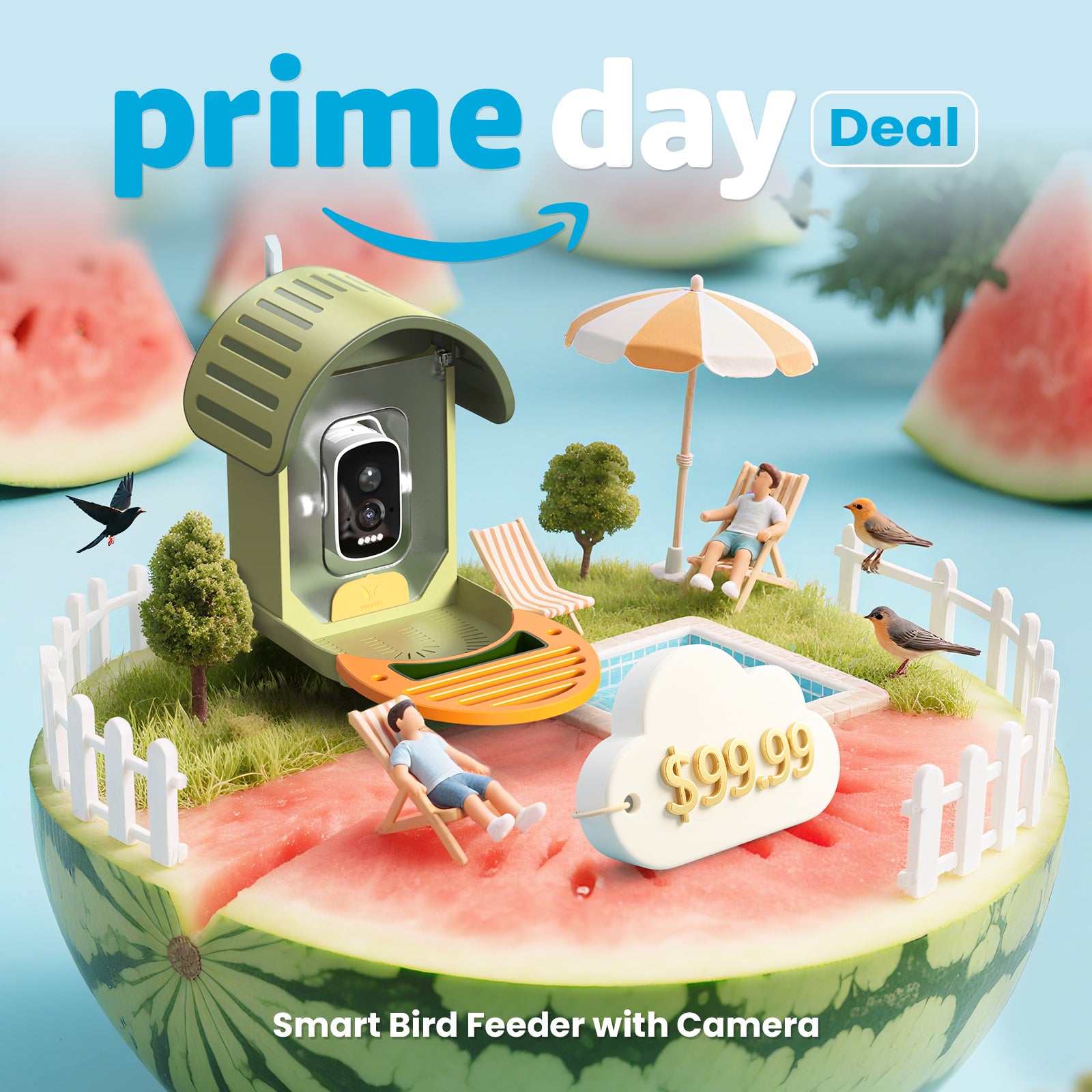 Smart bird feeder with camera on a miniature landscape with watermelon slices, 'Prime Day Deal' text, and price tag.