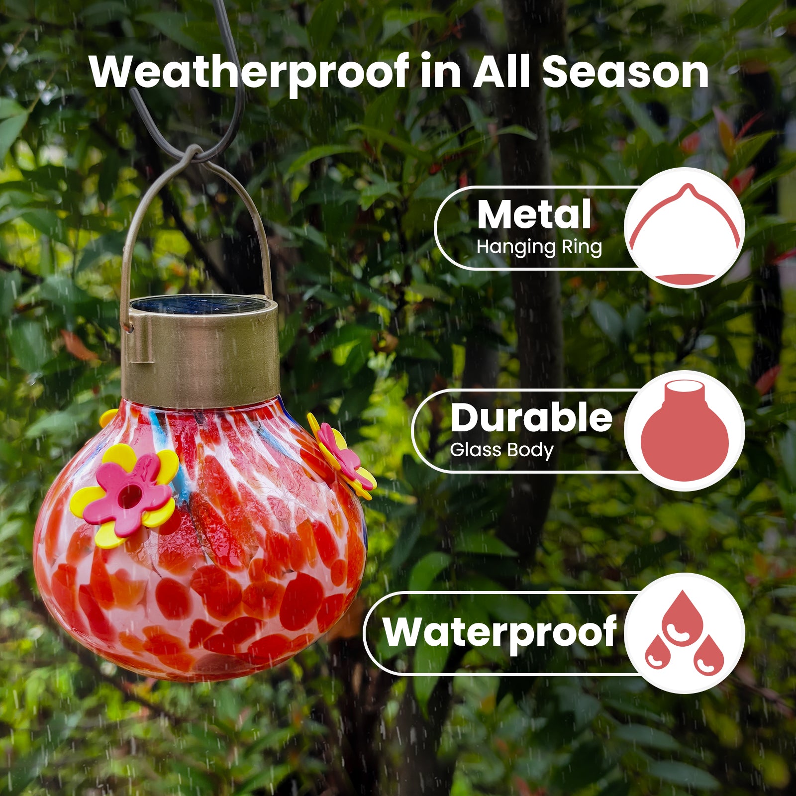 VINGUYS Red Solar Hummingbird Feeder with Light